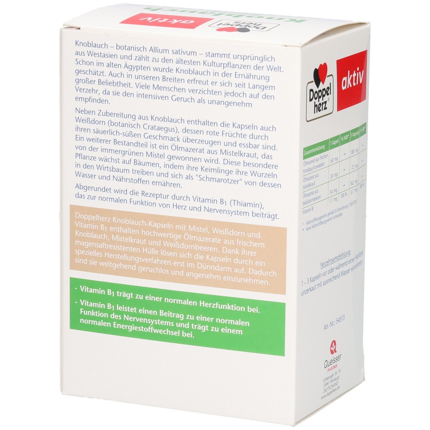 Rückseite der Doppelherz Knoblauch Kapseln Verpackung. Text über Knoblauch, Mistel und Vitamin B1. Herstellerinformationen.