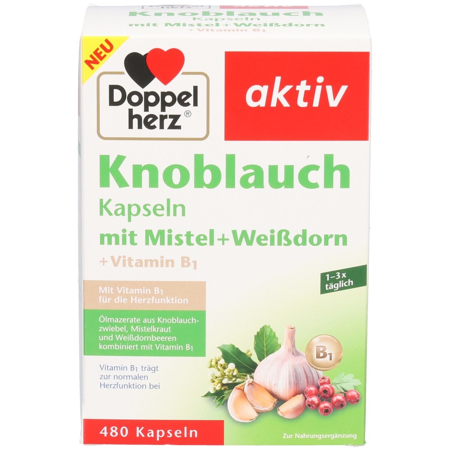 Weißer Karton mit Doppelherz Knoblauch Kapseln. Aufschrift: aktiv, Knoblauch Kapseln mit Mistel+Weißdorn +Vitamin B1. 480 Kapseln.