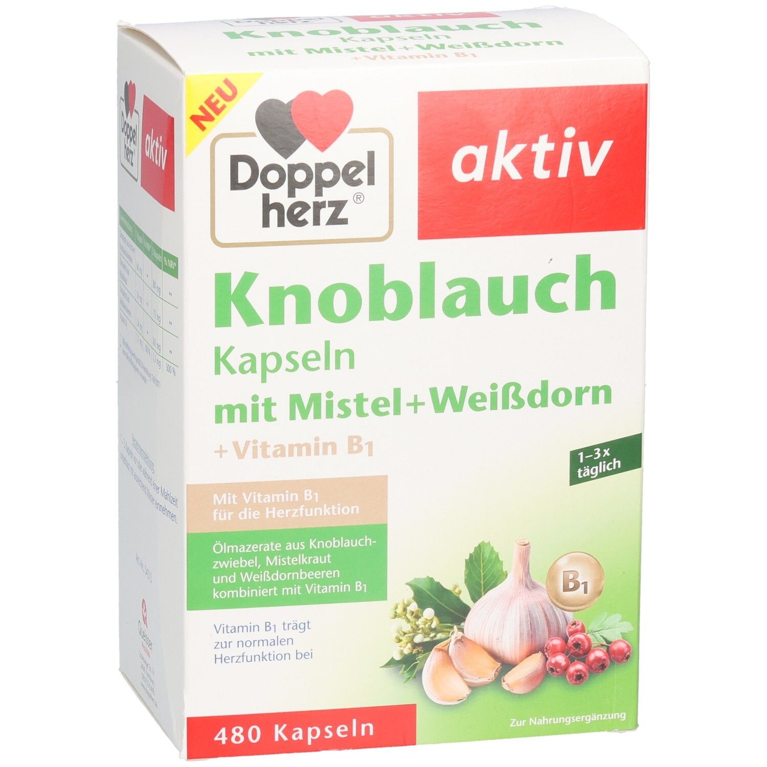 Weißer Karton mit Doppelherz Knoblauch Kapseln. Aufschrift: aktiv, Knoblauch Kapseln mit Mistel+Weißdorn +Vitamin B1. 480 Kapseln.