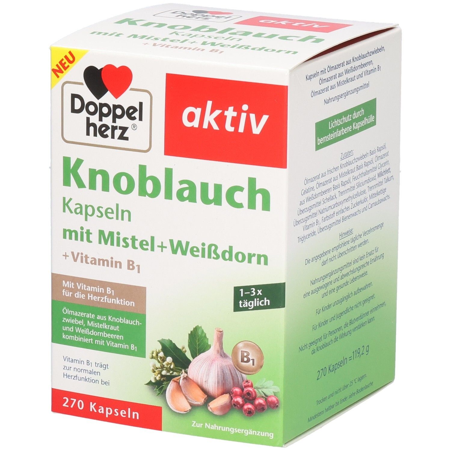 Karton von Doppelherz Knoblauch Kapseln mit Mistel, Weißdorn und Vitamin B1. Enthält 270 Kapseln. Aufdruck: aktiv, Knoblauch.