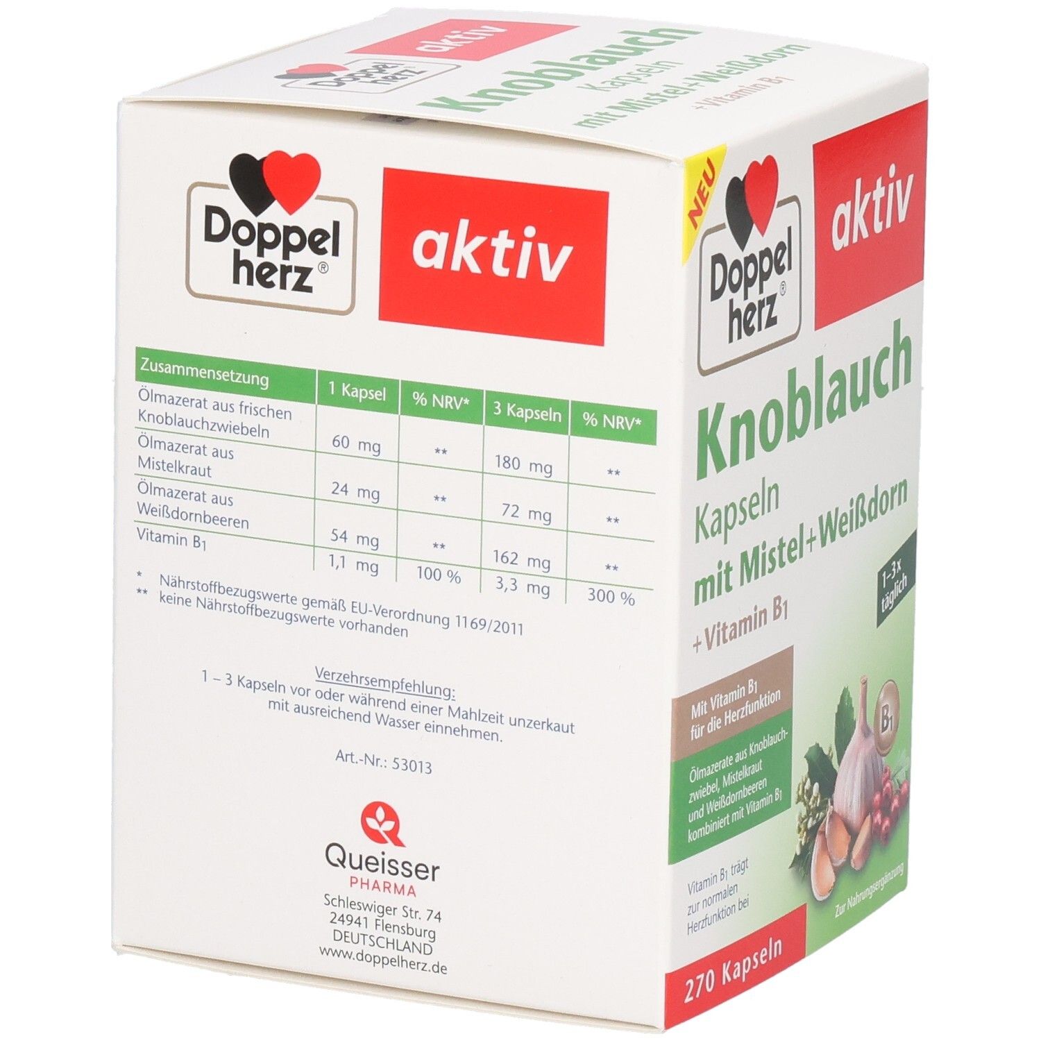 Karton von Doppelherz Knoblauch Kapseln. Rückseite mit Nährwertangaben und Inhaltsstoffen. Enthält 270 Kapseln. Aufdruck: aktiv.