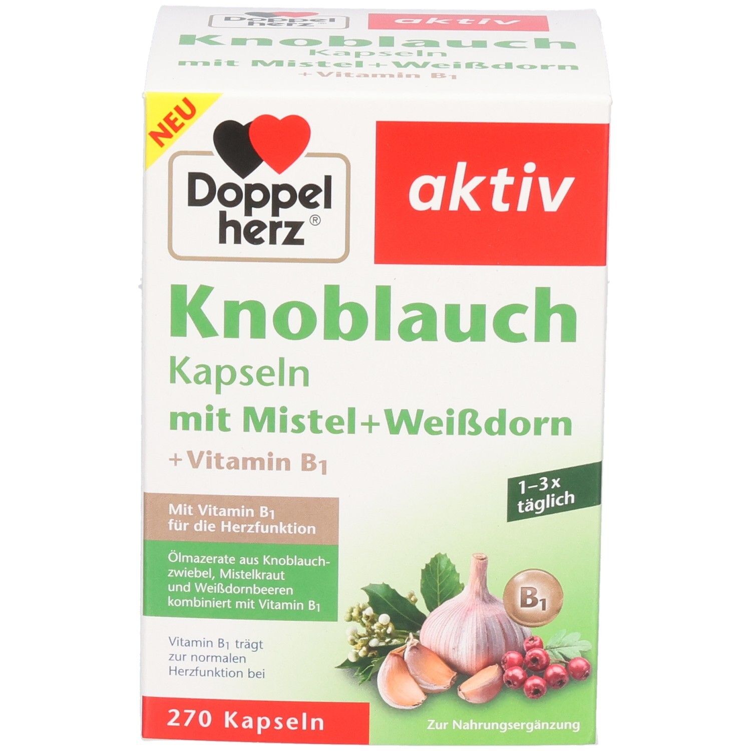 Karton von Doppelherz Knoblauch Kapseln mit Mistel, Weißdorn und Vitamin B1. Enthält 270 Kapseln. Aufdruck: aktiv, Knoblauch.