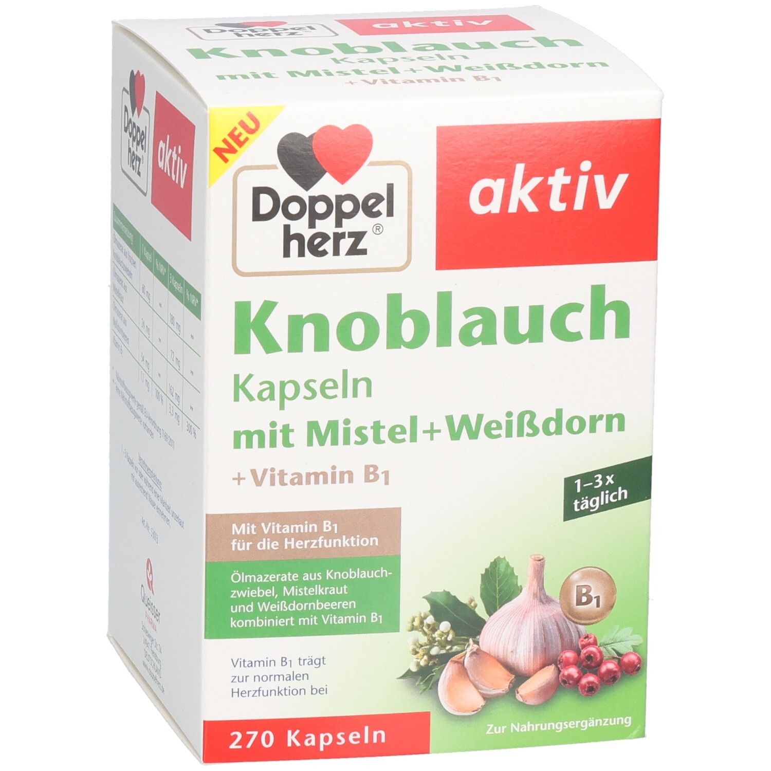Karton von Doppelherz Knoblauch Kapseln mit Mistel, Weißdorn und Vitamin B1. Enthält 270 Kapseln. Aufdruck: aktiv, Knoblauch.