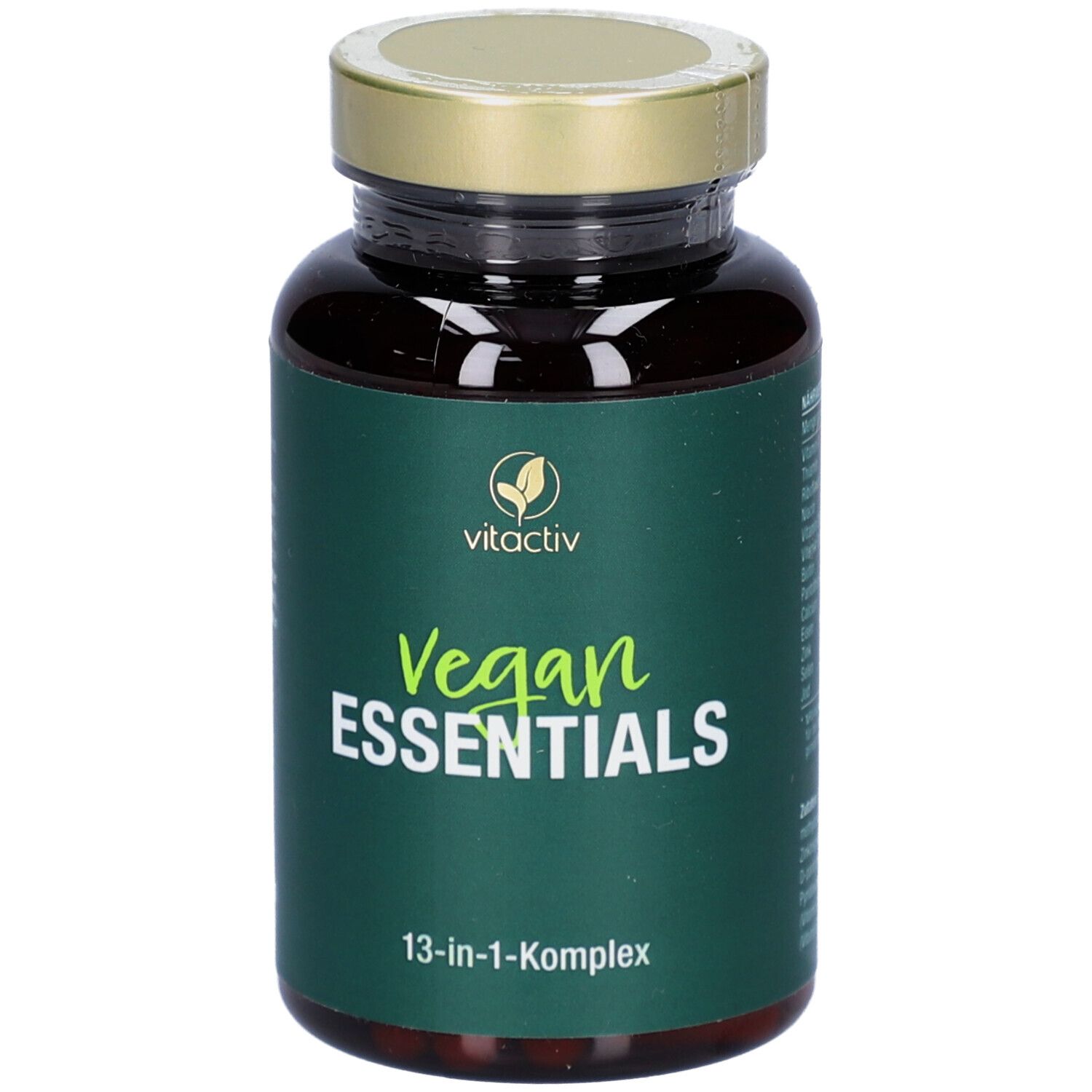 Braune Kapsel-Dose mit goldfarbenem Deckel. Aufschrift: Vegan Essentials, 13-in-1-Komplex. Marke: vitactiv.