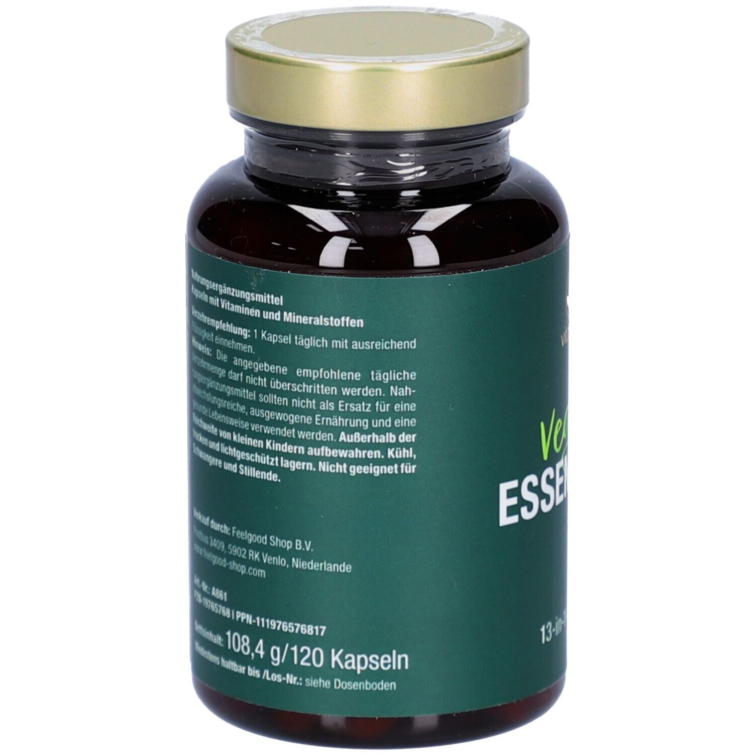 Rückseite der Kapsel-Dose. Text: Nahrungsergänzungsmittel mit Vitaminen und Mineralstoffen. 120 Kapseln.