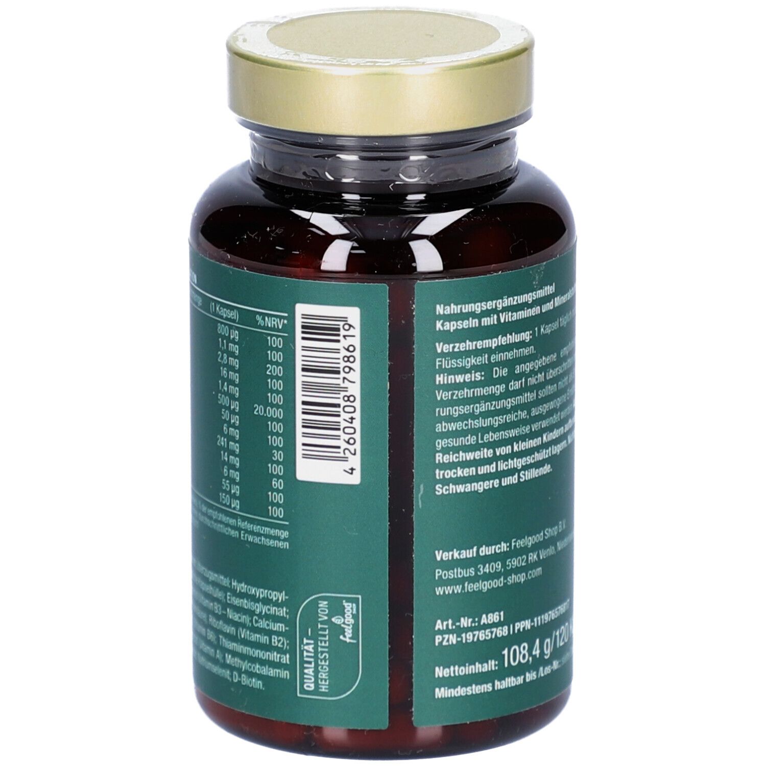 Rückseite der Kapsel-Dose. Text: Nährwertdeklaration, Inhaltsstoffe, Mindestens haltbar bis...Barcode.