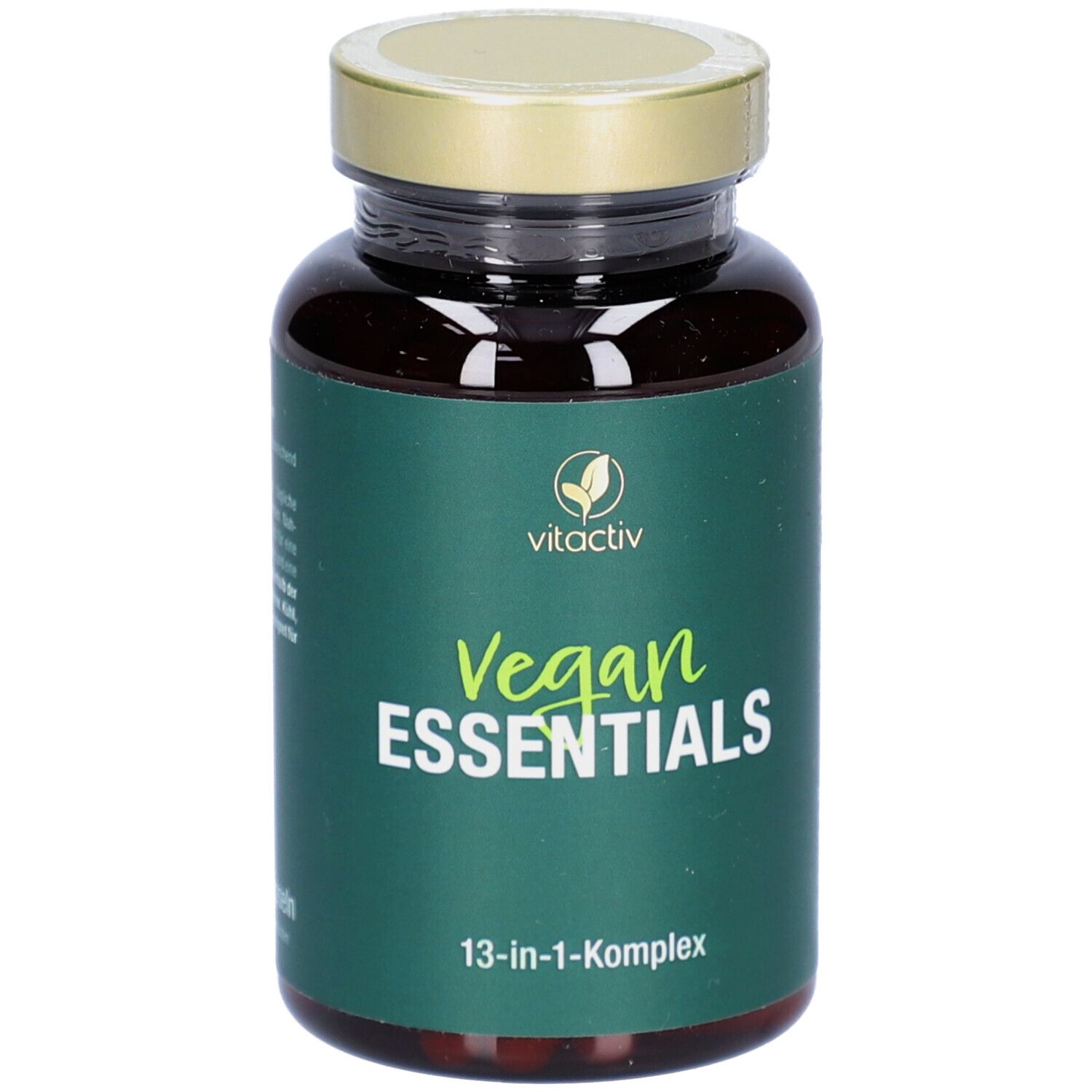 Braune Kapsel-Dose mit goldfarbenem Deckel. Aufschrift: Vegan Essentials, 13-in-1-Komplex. Marke: vitactiv.
