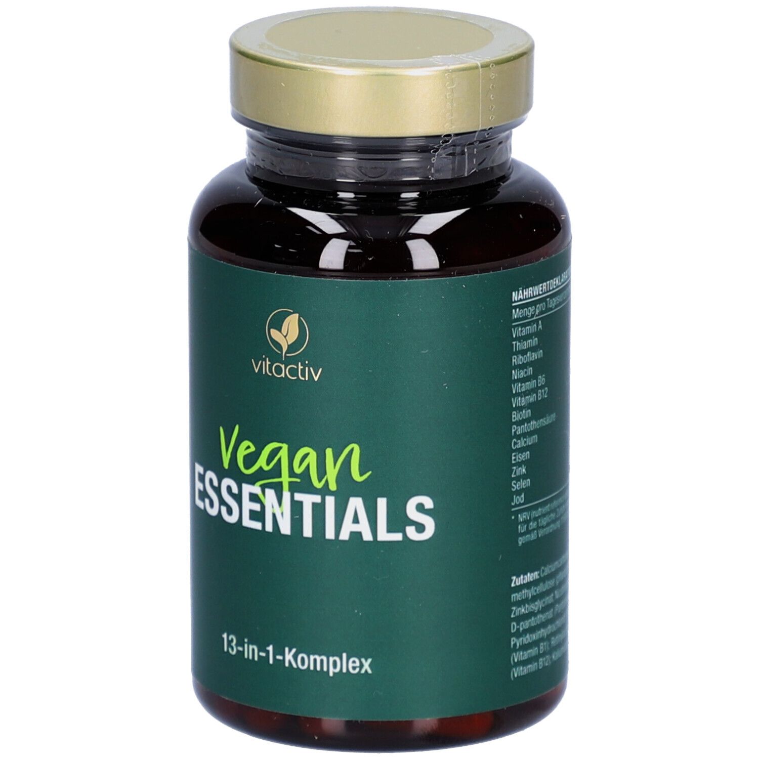 Braune Kapsel-Dose mit goldfarbenem Deckel. Aufschrift: Vegan Essentials, 13-in-1-Komplex. Marke: vitactiv.