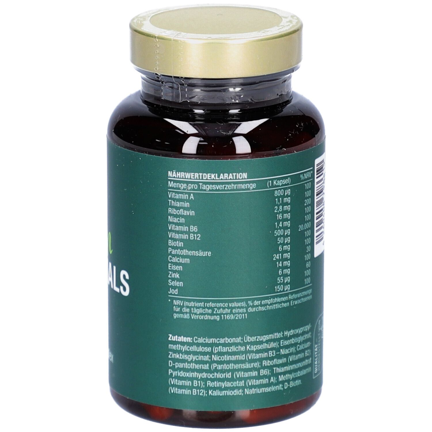 Rückseite der Kapsel-Dose. Text: Nährwertdeklaration, Inhaltsstoffe.