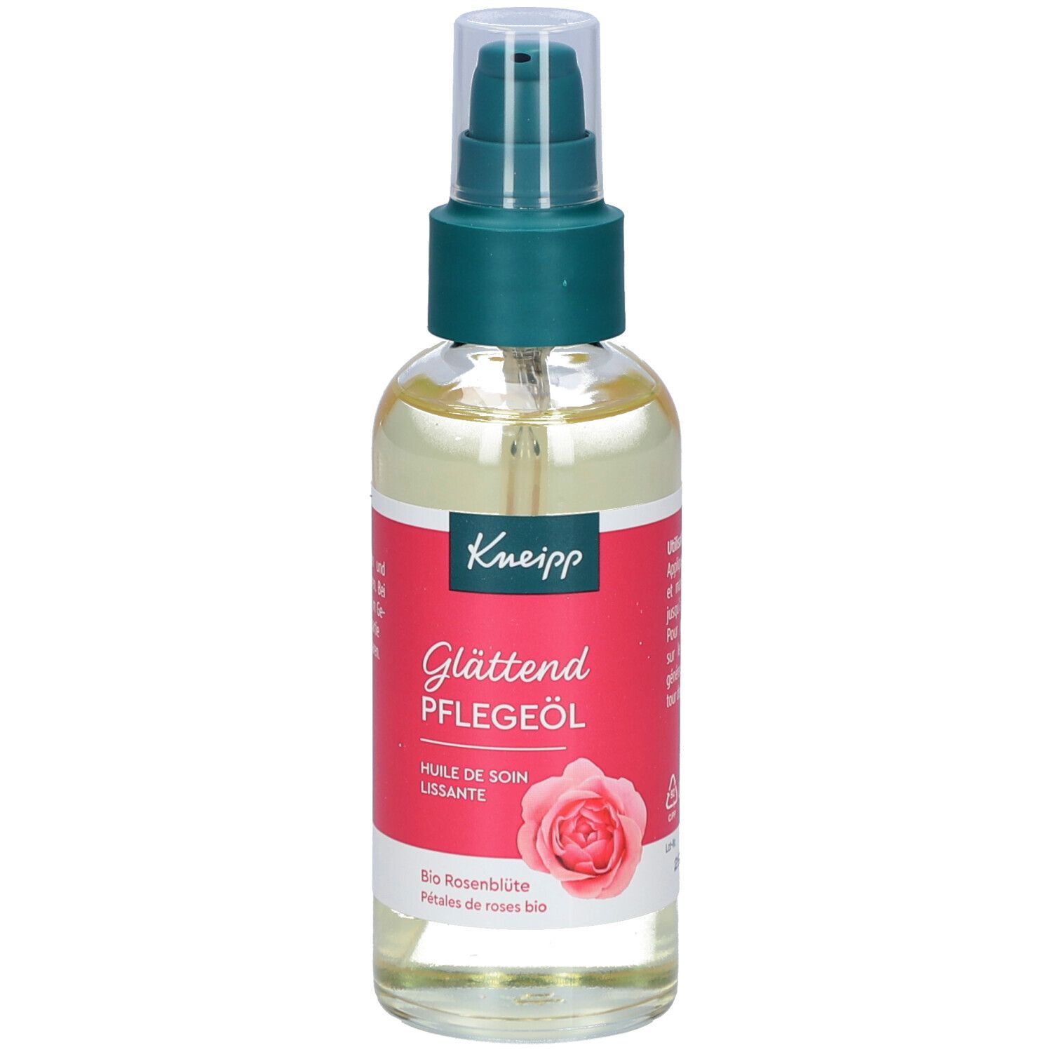Klarflüssiges Pflegeöl in einer Glasflasche mit Sprühkopf. Roter Aufkleber mit Produktbezeichnung, Rosenblüten-Illustration und Markennamen.