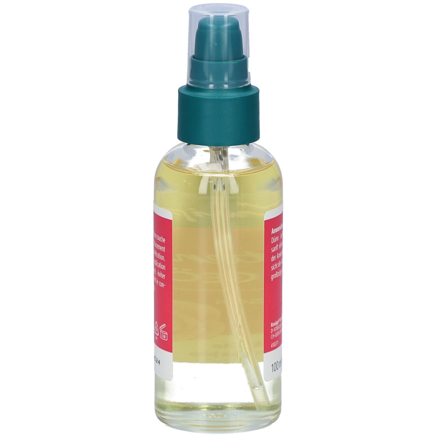 Glasflasche mit Pflegeöl und Sprühkopf. Roter Aufkleber mit Produktbezeichnung und Anwendungs-Hinweisen. Rückansicht.