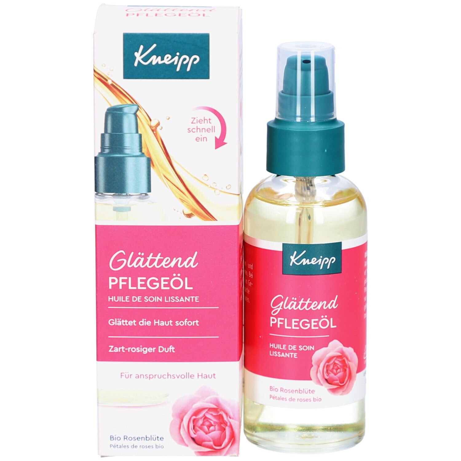 Produktflasche und Verpackung. Flasche mit Sprühkopf, Verpackung mit Produktbezeichnung, Markennamen und Rosenblüten-Illustration.