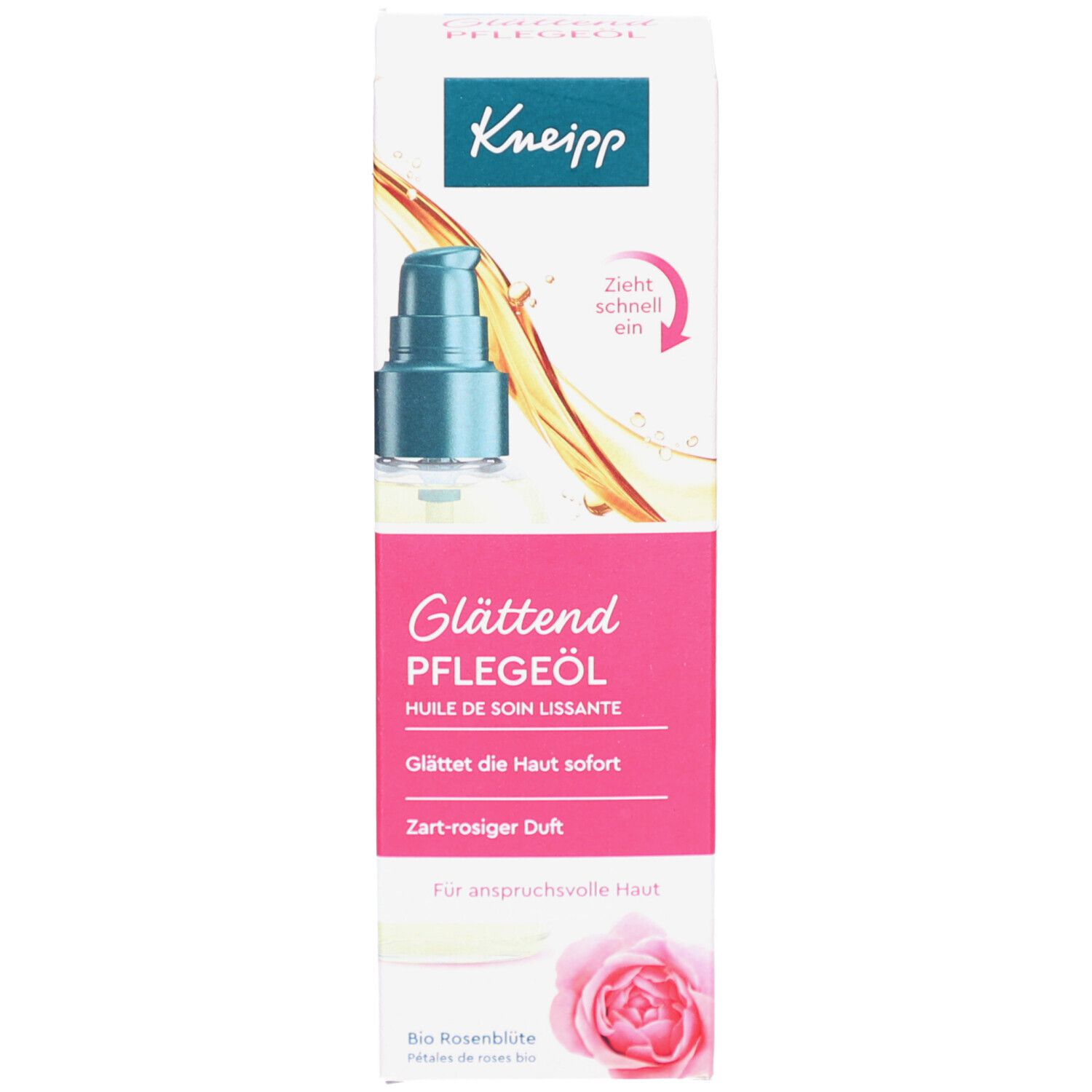 Produktverpackung. Verpackung mit Produktbezeichnung, Markennamen und Rosenblüten-Illustration. Flasche mit Sprühkopf.