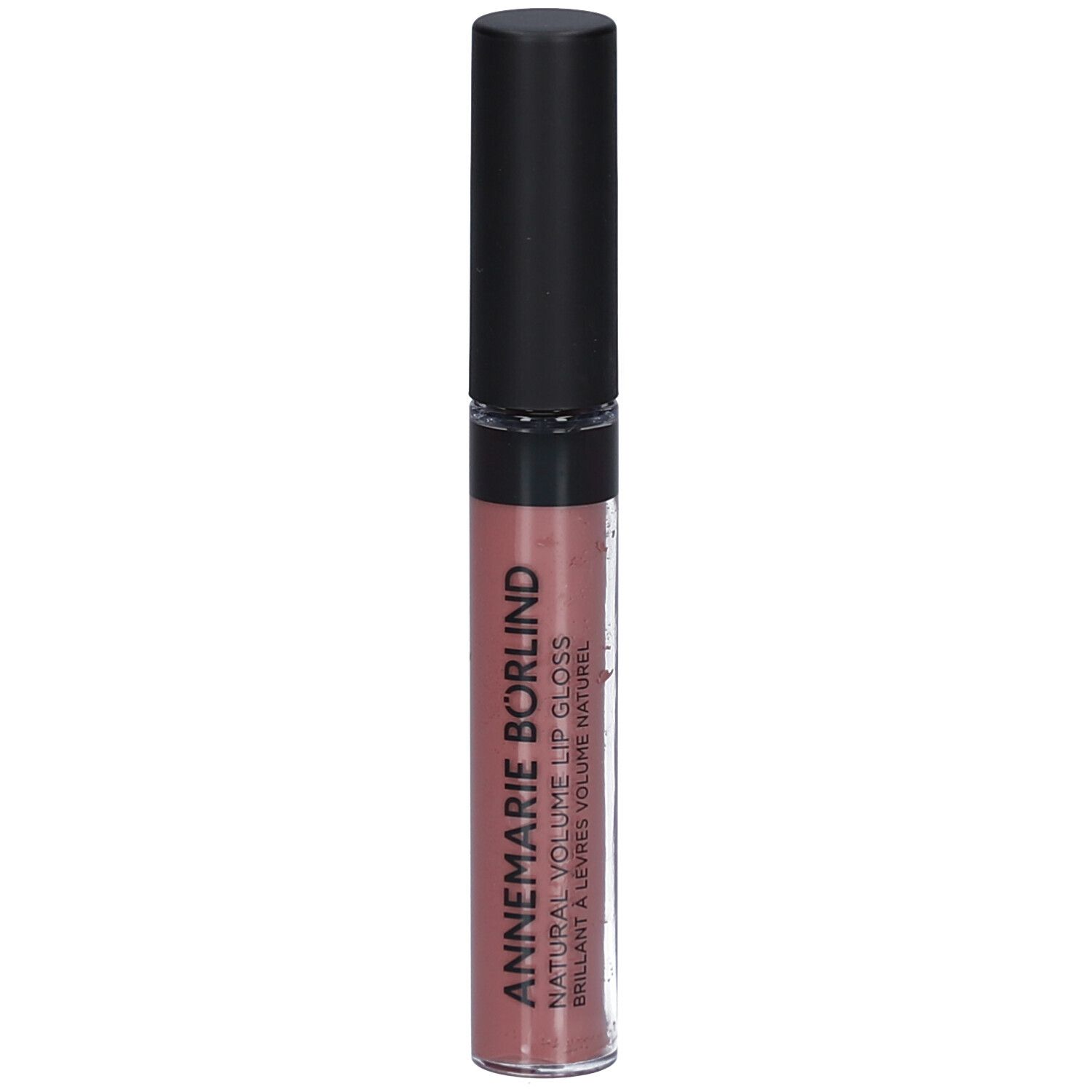 Lipgloss mit schwarzem Deckel. Aufschrift: ANNEMARIE BÖRLIND NATURAL VOLUME LIP GLOSS. Farbe: Nude.