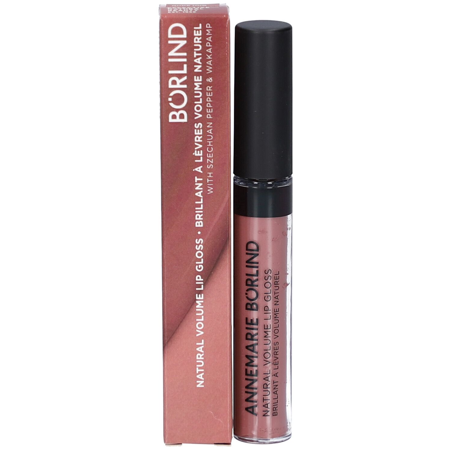Lipgloss mit Verpackung. Aufschrift: ANNEMARIE BÖRLIND. Volumen-Lipgloss. Farbe: Nude.