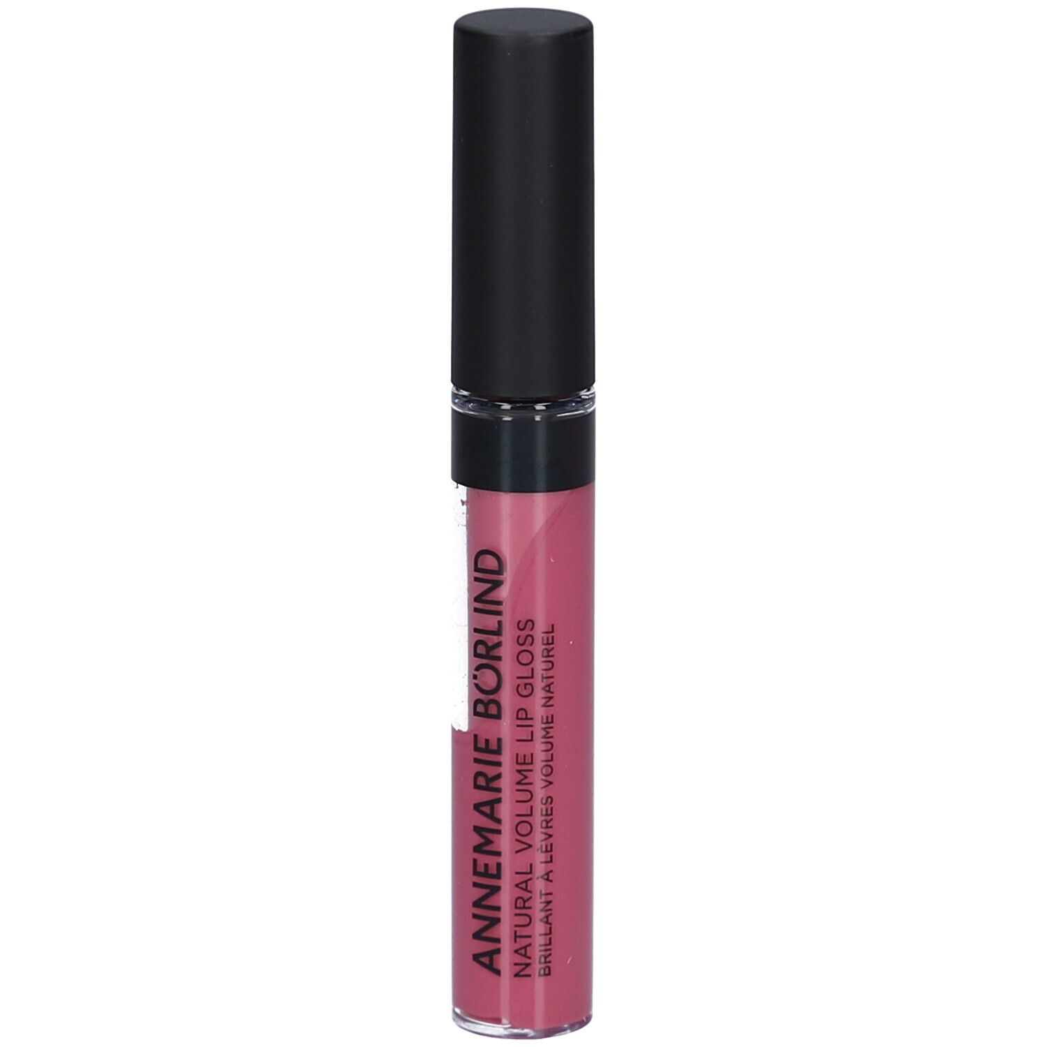 Lippgloss mit schwarzem Deckel. Aufschrift: ANNEMARIE BÖRLIND NATURAL VOLUME LIP GLOSS. Farbe: Snuggle Berry.