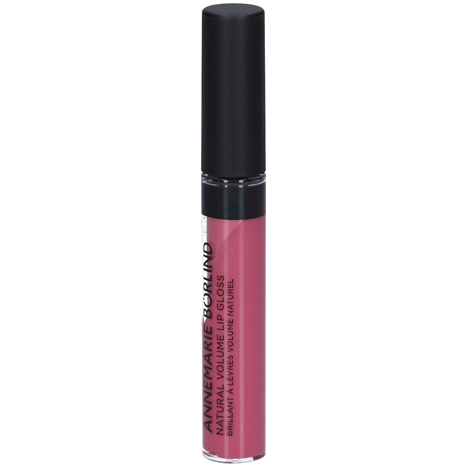 Lippgloss mit schwarzem Deckel. Farbe: Snuggle Berry. Aufschrift: ANNEMARIE BÖRLIND NATURAL VOLUME LIP GLOSS.
