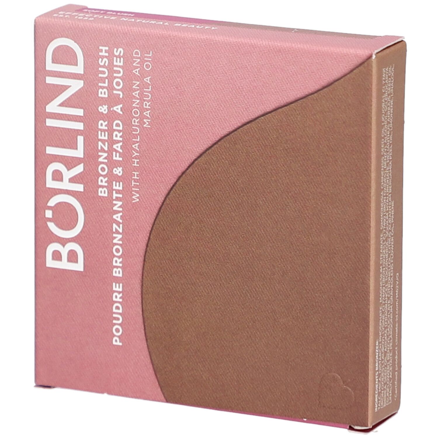 Rosa-braune Kartonverpackung. Text: BÖRLIND, Bronzer & Blush, Poudre Bronzante & Fard à Joues, mit Hyaluron und Marulaöl.