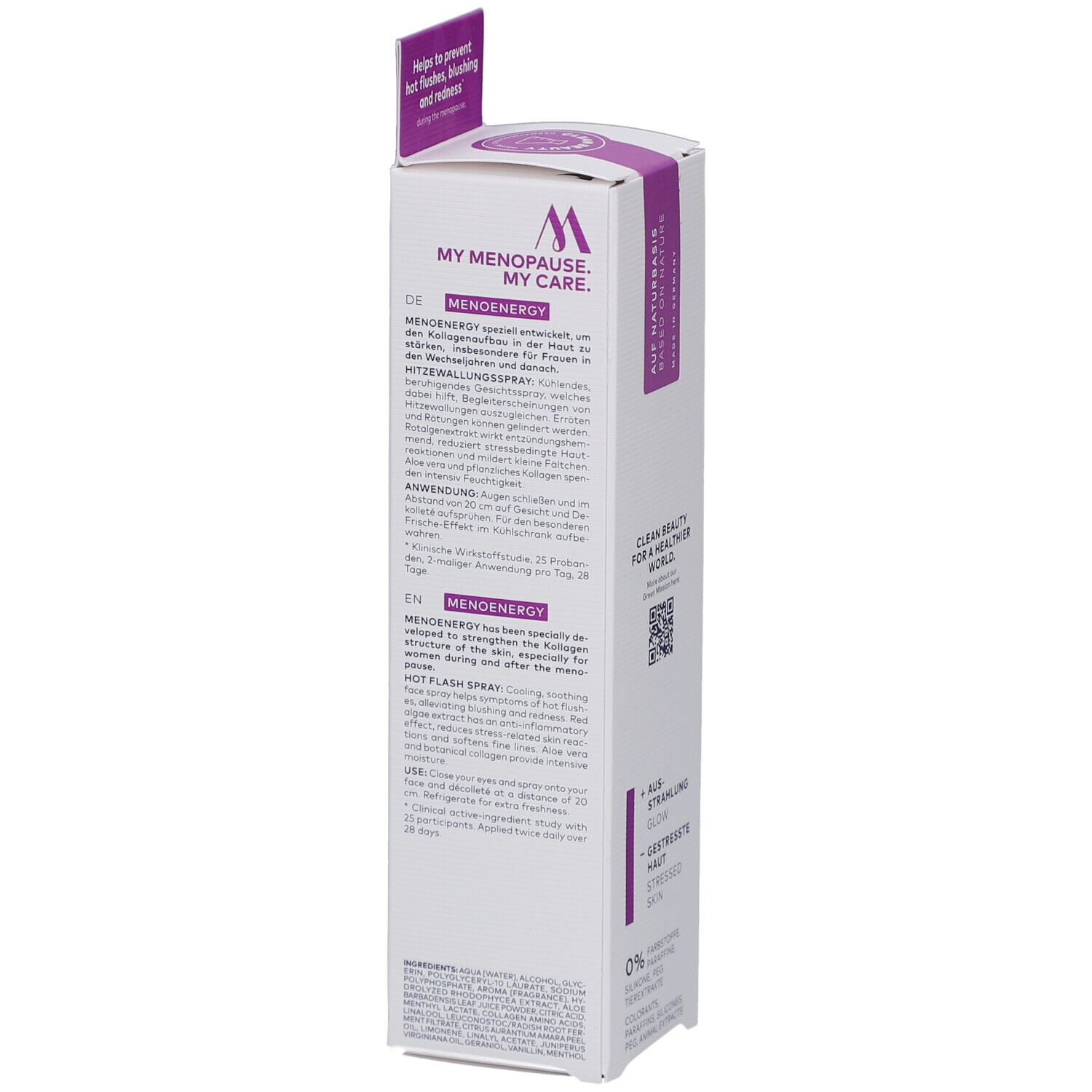 Verpackung mit Text: My Menopause, My Care. Text in Deutsch und Englisch. QR-Code. Logos: CSE, PETA, Vegan.