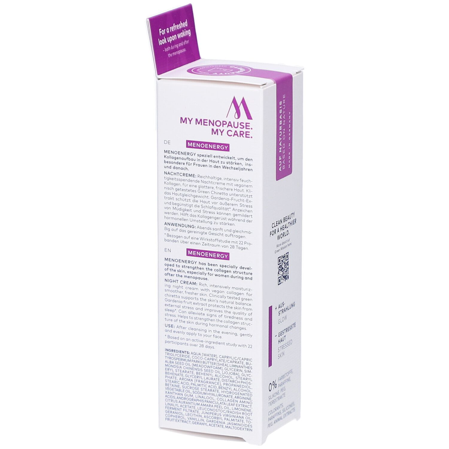 Seite der Verpackung von DADOSENS MENOENERGY SLEEP WELL Nachtcreme. Text in mehreren Sprachen, Produktinformationen.