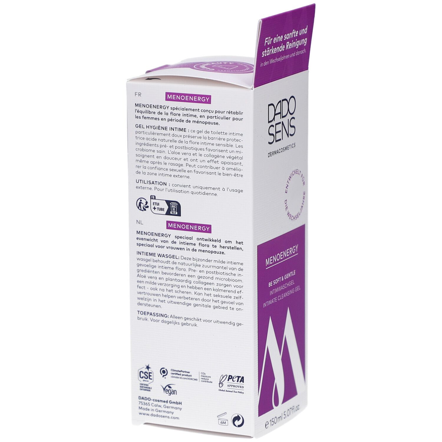 Karton von DADO SENS MENOENERGY. Rückseite mit Text in Deutsch, Französisch, Niederländisch. Logos: CSE, PETA. Made in Germany.