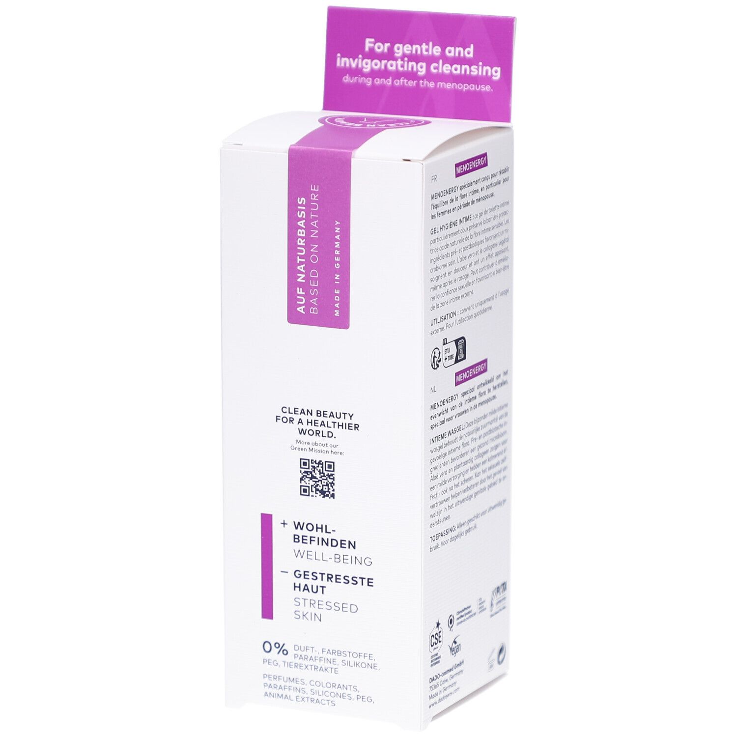 Karton von DADO SENS MENOENERGY. Aufschrift: Auf Naturbasis, Made in Germany. Text: Clean Beauty. QR-Code.