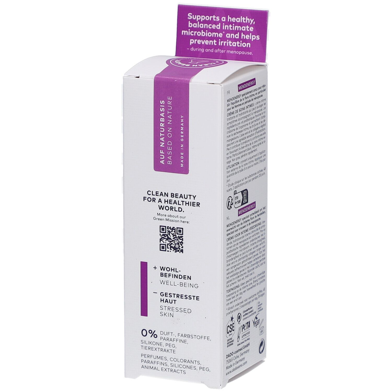Weißer Karton mit lila Streifen. Aufschrift: AUF NATURBASIS. Text: CLEAN BEAUTY FOR A HEALTHIER WORLD. Logo.