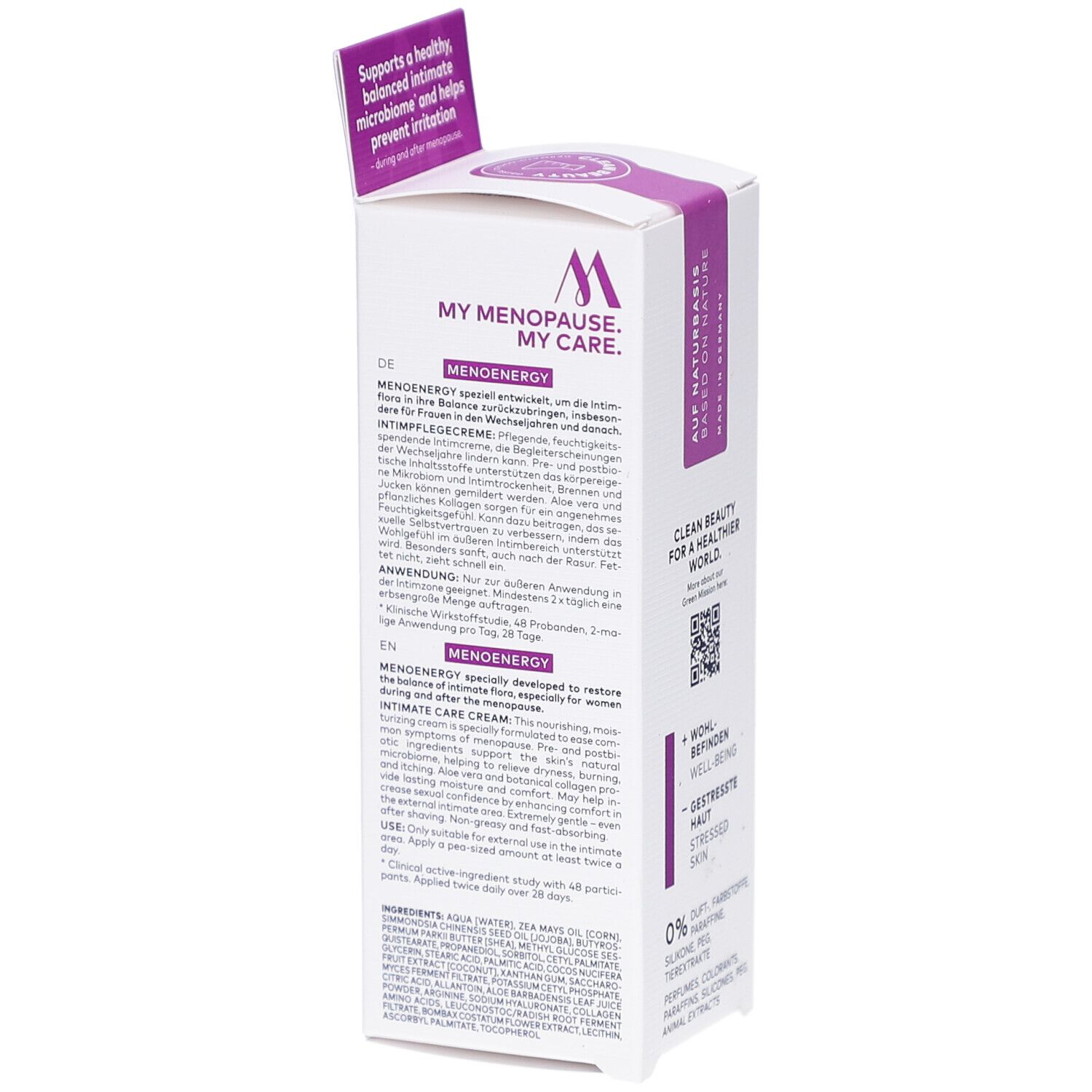 Karton mit Text in Deutsch und Englisch. Produktname: MENOENERGY Intimpflegecreme. Logo: MY MENOPAUSE. MY CARE.