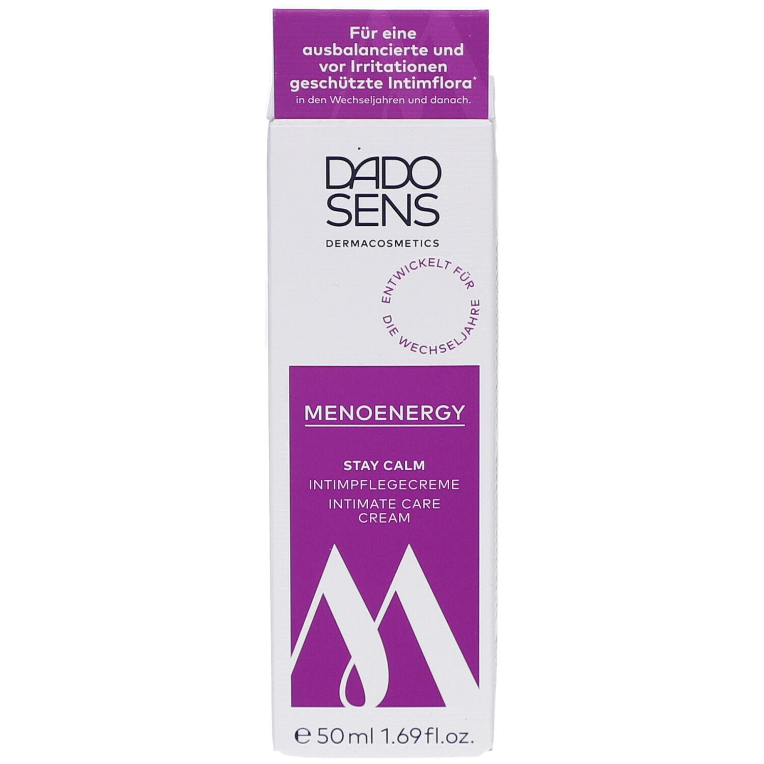 Weißer Karton mit lila Akzenten. Aufschrift: DADOSENS MENOENERGY STAY CALM Intimpflegecreme. 50ml. Logo.