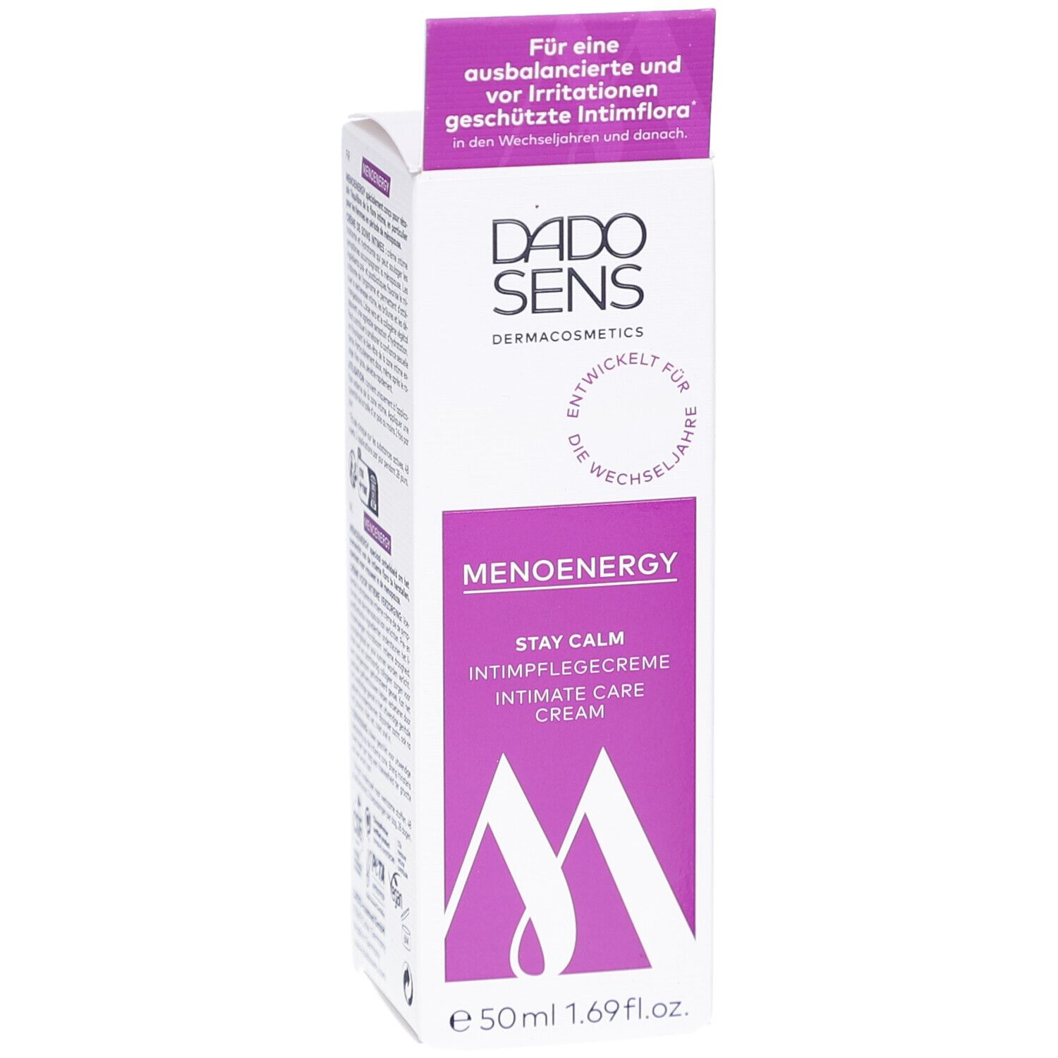 Weißer Karton mit lila Akzenten. Aufschrift: DADOSENS MENOENERGY STAY CALM Intimpflegecreme. 50ml. Logo.