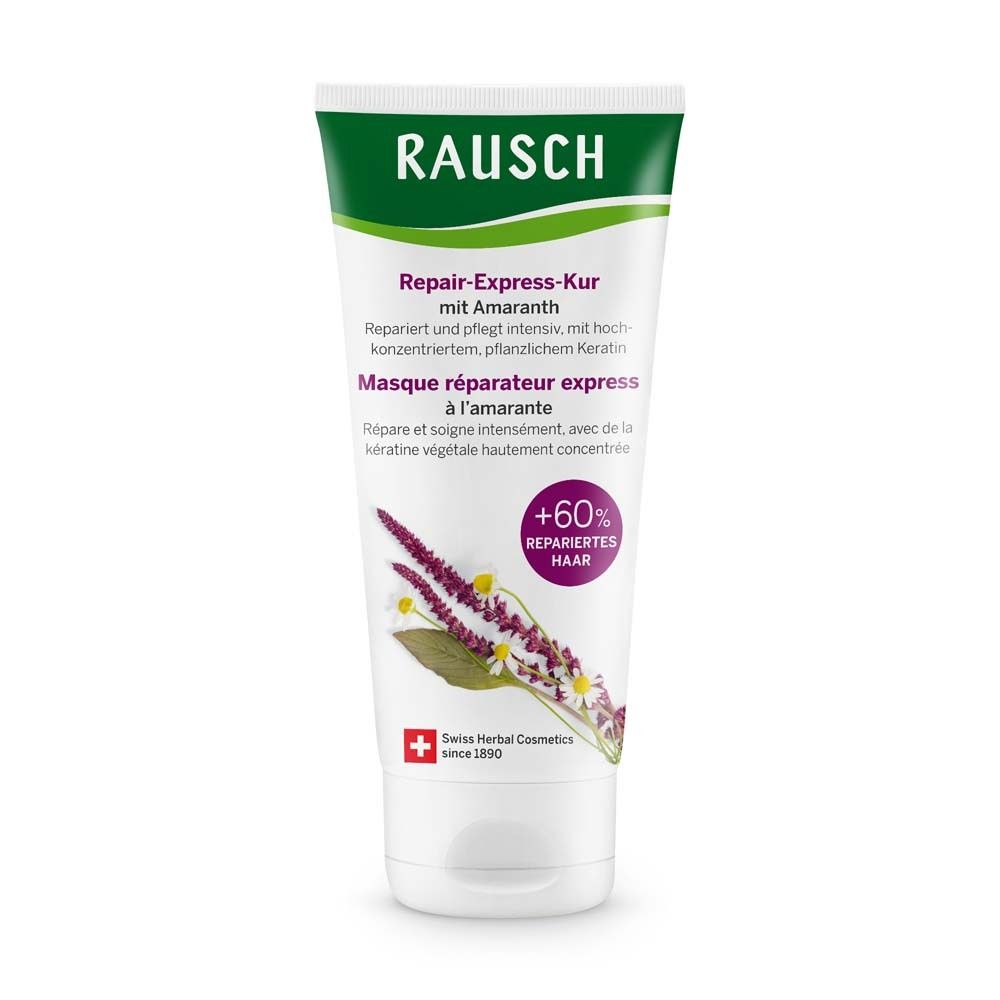 Weiße Tube mit grünem Deckel und Aufschrift RAUSCH. Produktname: Repair-Express-Kur mit Amaranth. Schweizer Kräuterkosmetik.