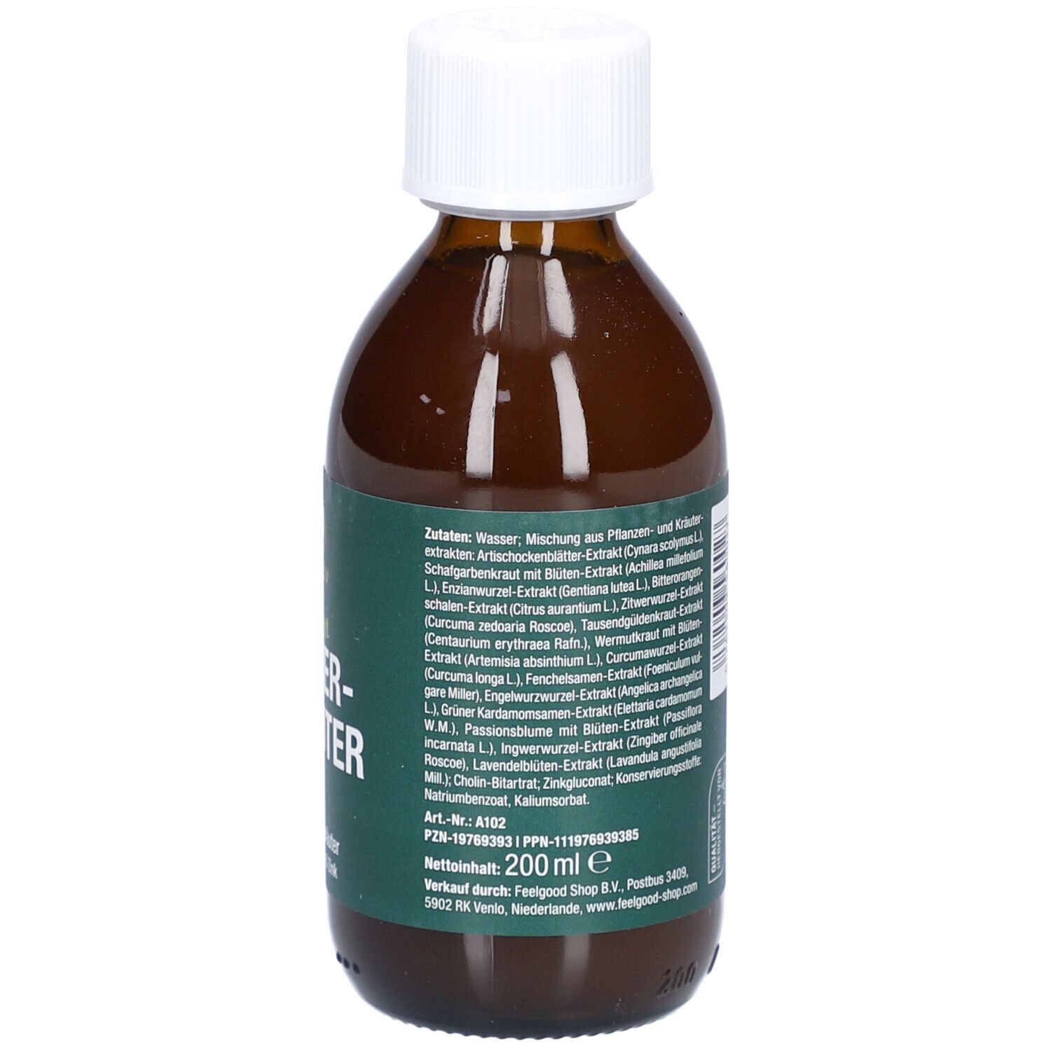 Braune Flasche. Aufschrift: Vitactiv Bitterkräuter, vegan, 14 Naturkräuter plus Cholin & Zink.