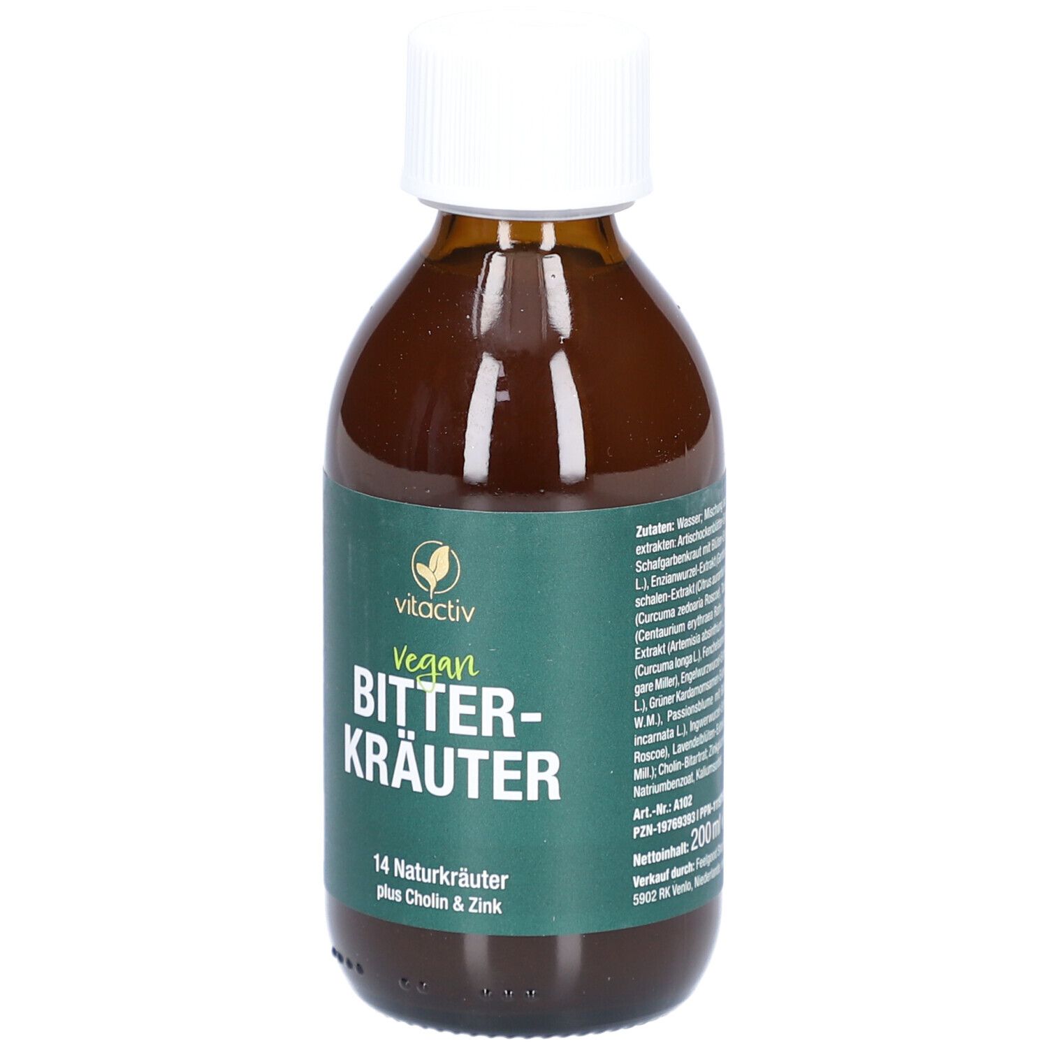 Braune Flasche. Aufschrift: Vitactiv Bitterkräuter, vegan, 14 Naturkräuter plus Cholin & Zink.