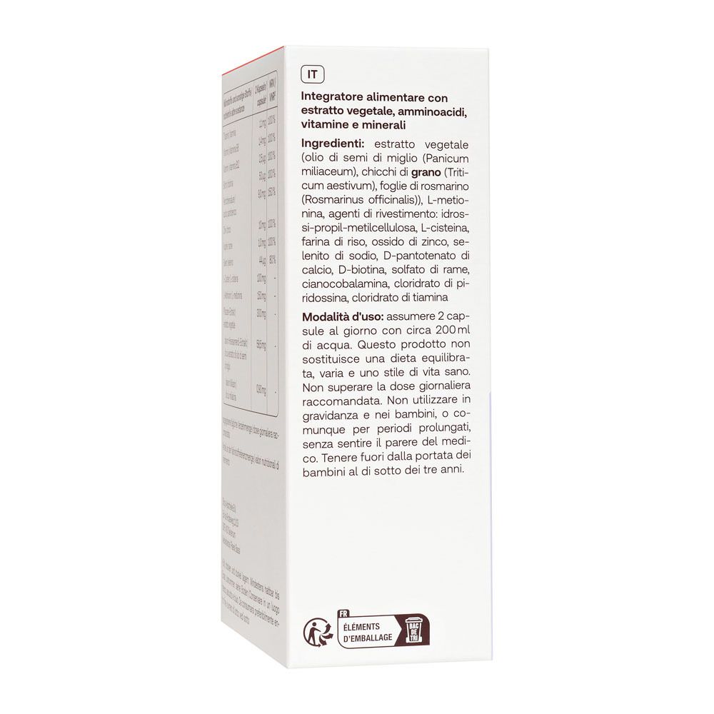 Seite der Redcare Vita+ Hair Forte-Verpackung. Enthält Informationen in italienischer Sprache.