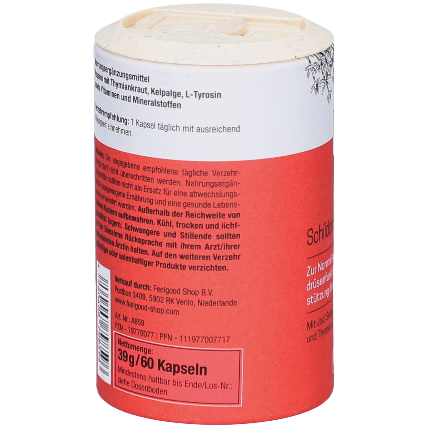 Rote und weiße zylindrische Dose. Text: 39g/60 Kapseln. Informationen zur Anwendung und Inhaltsstoffe.