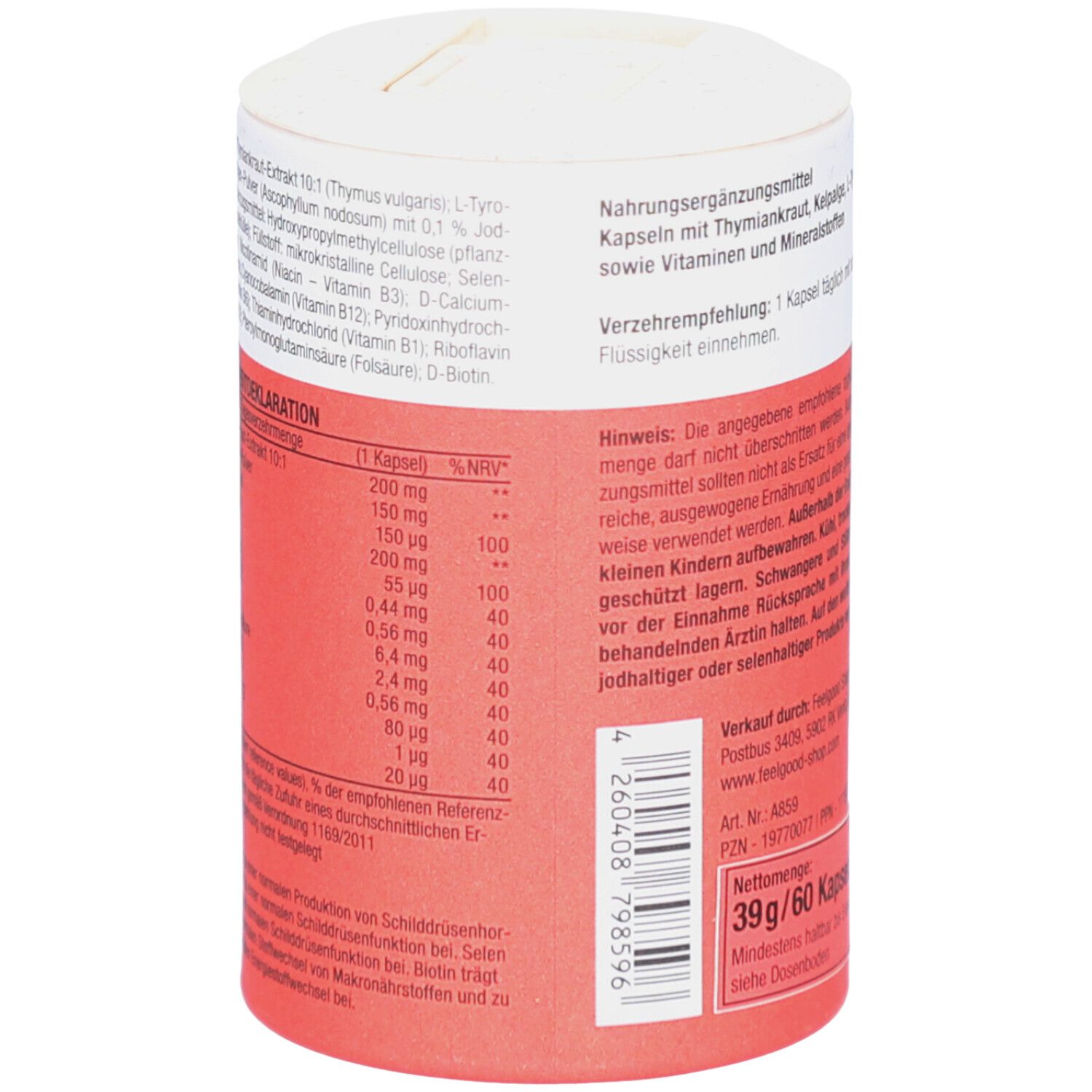 Rote und weiße zylindrische Dose. Nährwertdeklaration und Inhaltsstoffe. Text in deutscher Sprache.