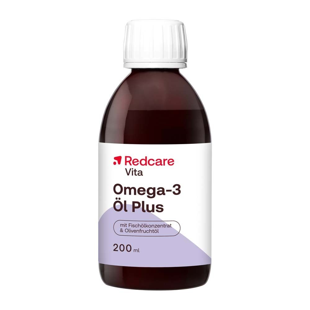 Braune Flasche mit weißem Deckel. Etikett mit Redcare Vita Omega-3 Öl Plus, 200 ml.