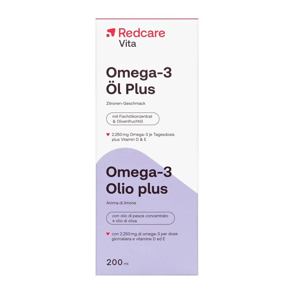 Verpackung von Redcare Vita Omega-3 Öl Plus. Weiß mit Produktnamen und Inhaltsangaben.