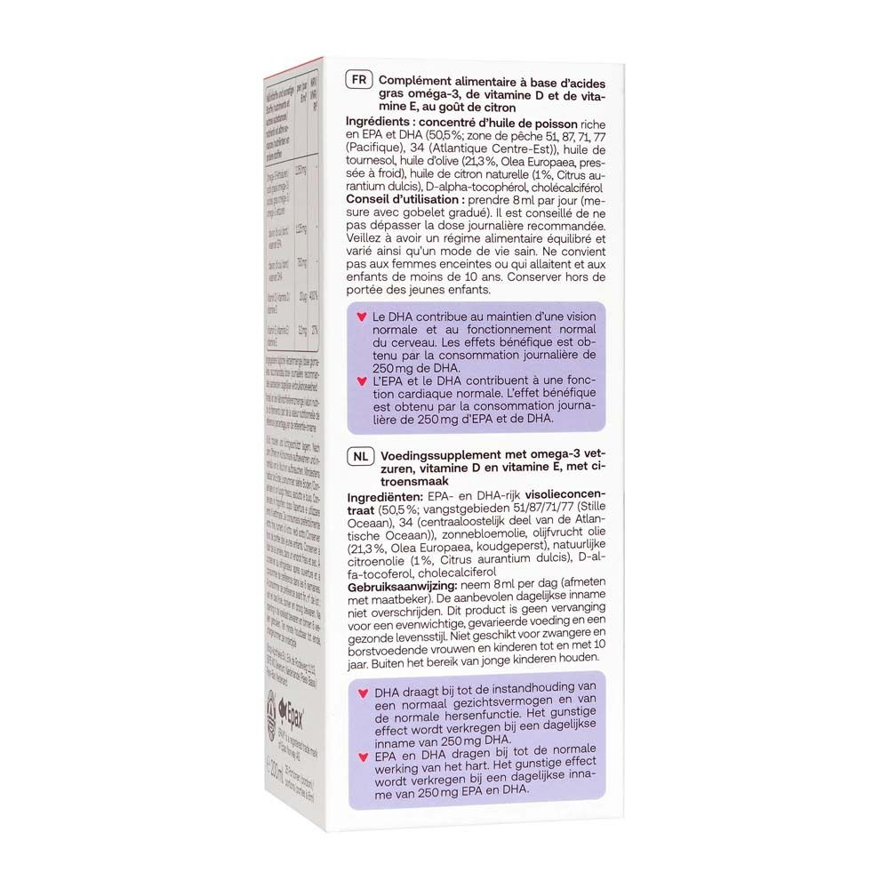Rückseite der Verpackung von Redcare Vita Omega-3 Öl Plus. Text in Deutsch, Französisch und Niederländisch.