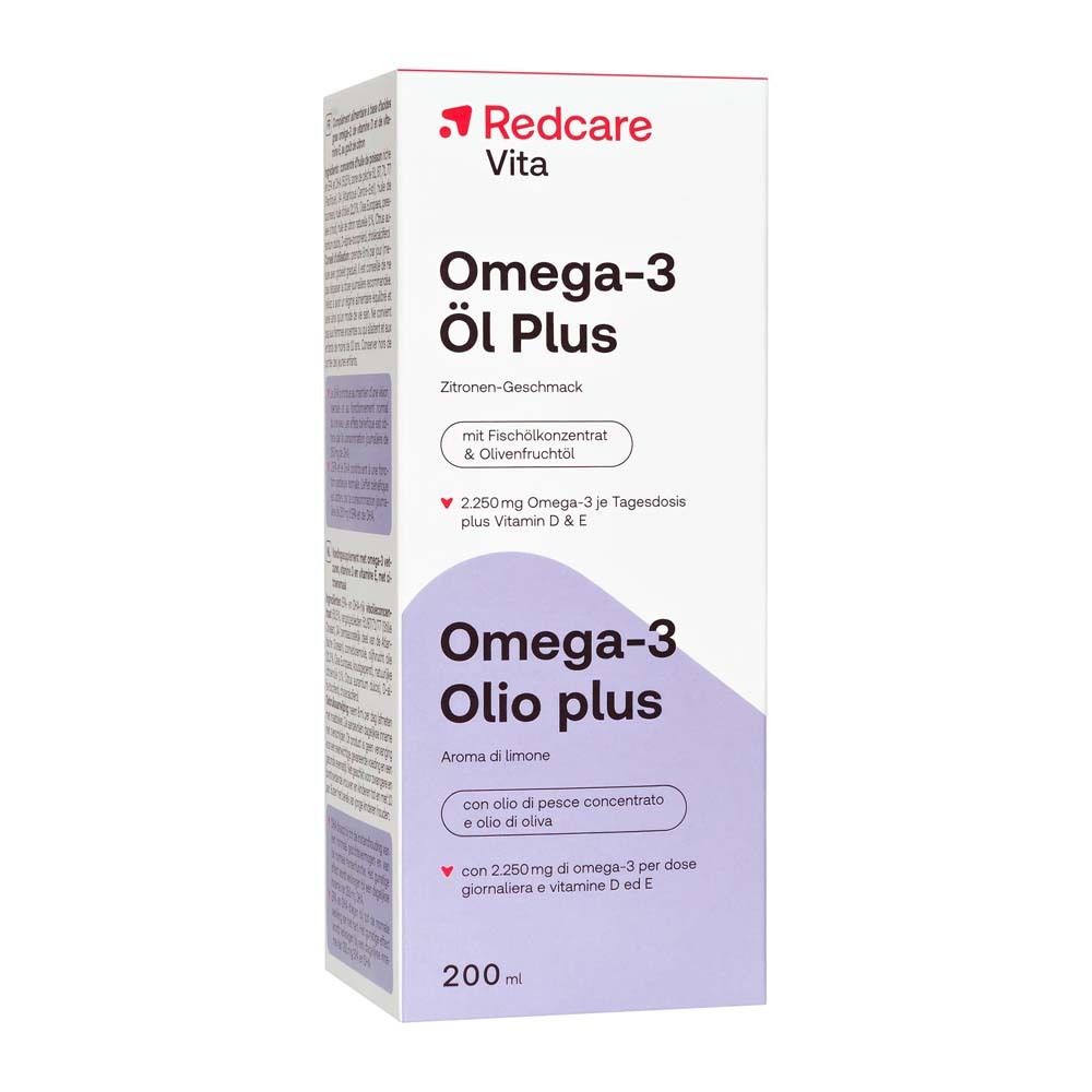 Verpackung Omega-3 Öl Plus. Auf der Verpackung: Redcare Vita, Omega-3 Öl Plus, Zitronen-Geschmack.