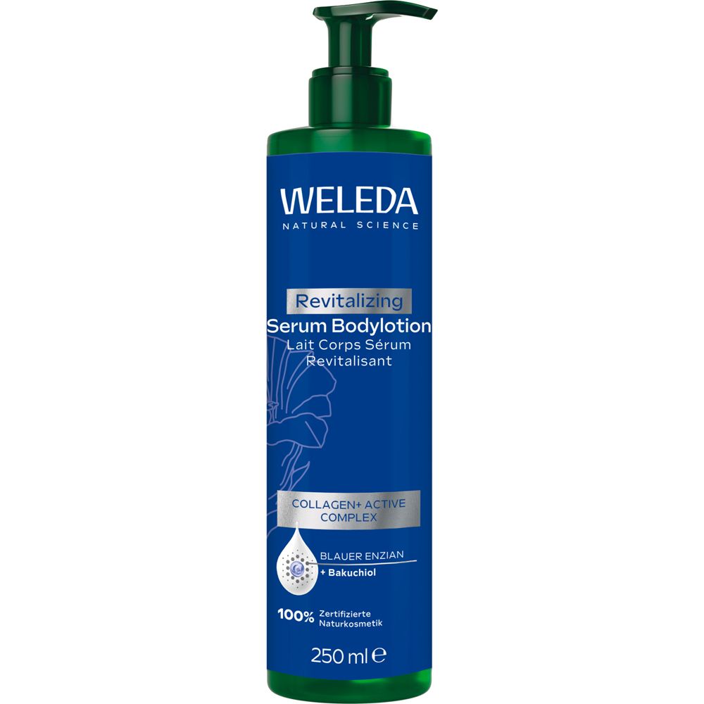 Weleda Revitalizing Serum Bodylotion. Blaue Flasche mit grünem Deckel und Pumpe. Enthält Collagen Active Complex und Bakuchiol. 100% zertifizierte Naturkosmetik.