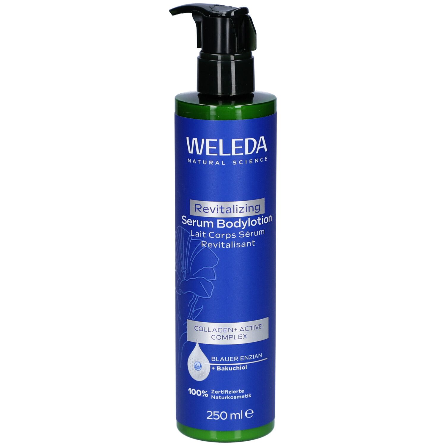 Blau-grüne Flasche mit schwarzem Pumpkopf. Aufschrift: WELEDA, Revitalizing Serum Bodylotion. Enthält Blauer Enzian + Bakuchiol.
