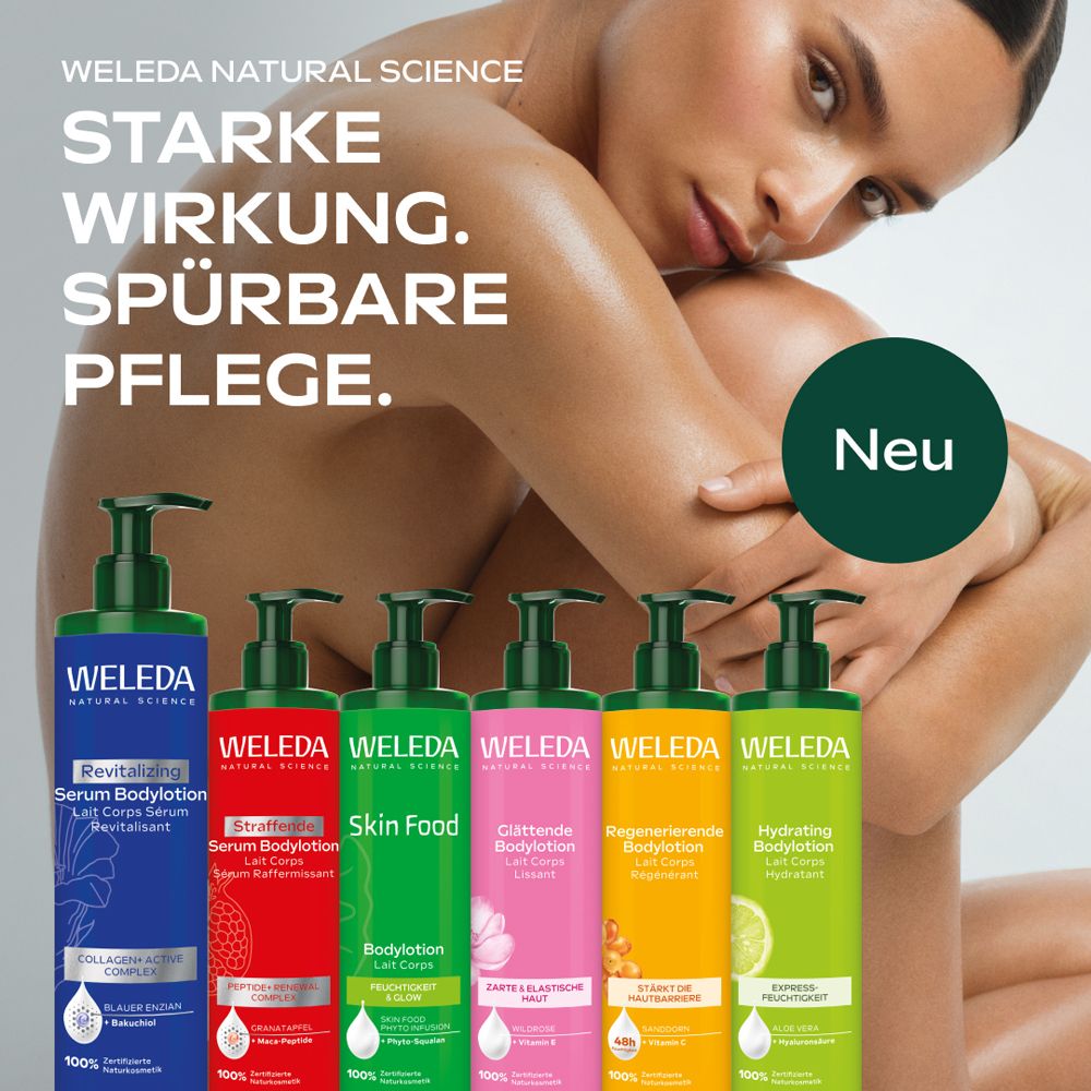Verschiedene Weleda Bodylotions. Text: Starke Wirkung, spürbare Pflege. Neu-Label. Produkte: Revitalizing, Straffend, Skin Food, Glättend, Hydrating.
