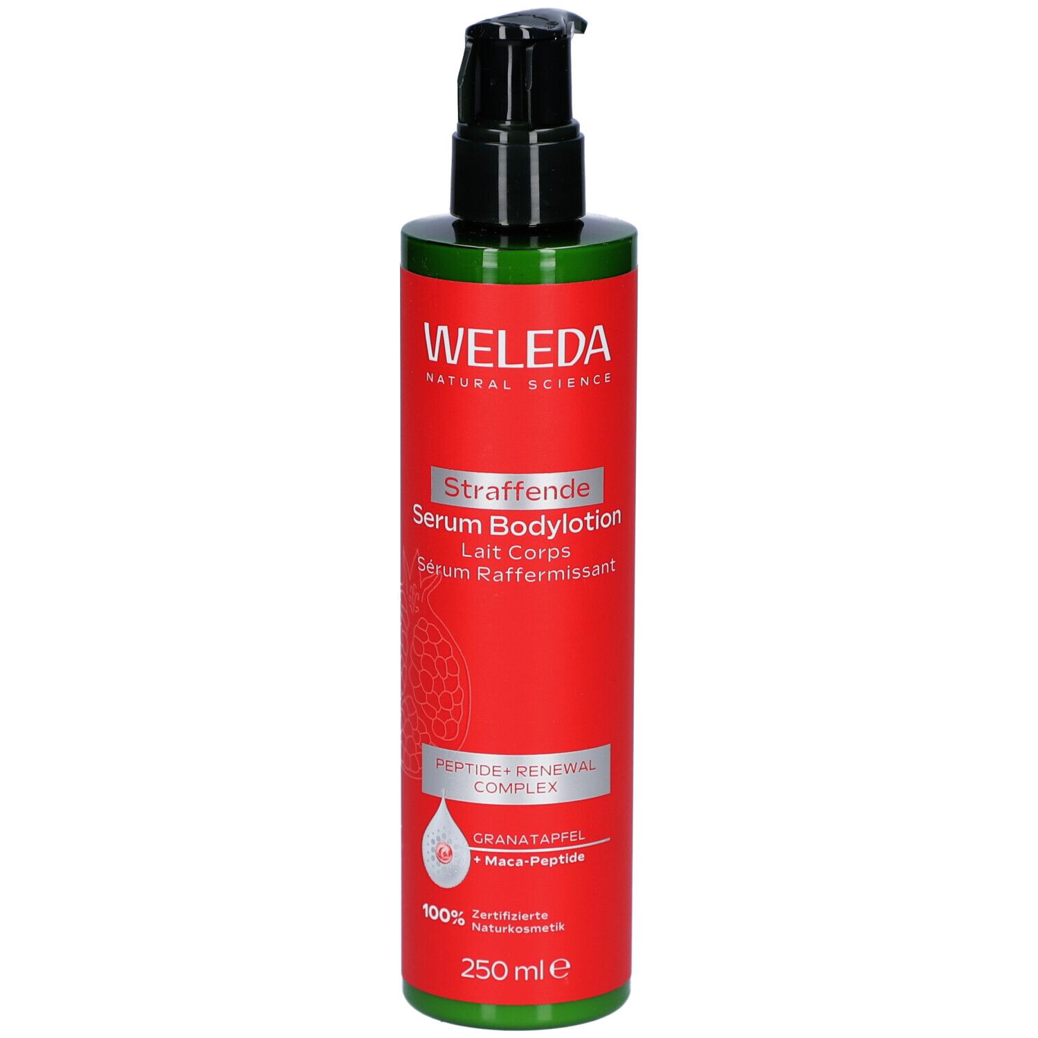Rote Flasche mit schwarzem Pumpkopf. Aufschrift: WELEDA, Straffende Serum Bodylotion. 250 ml.