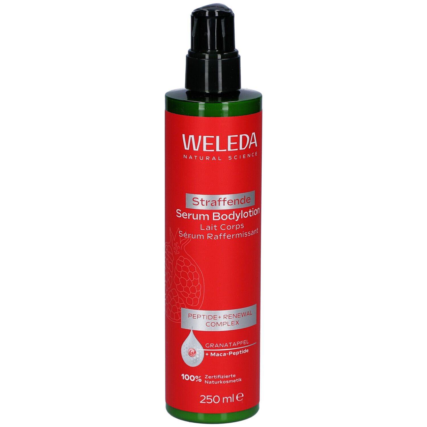 Rote Flasche mit schwarzem Pumpkopf. Aufschrift: WELEDA, Straffende Serum Bodylotion. 250 ml.