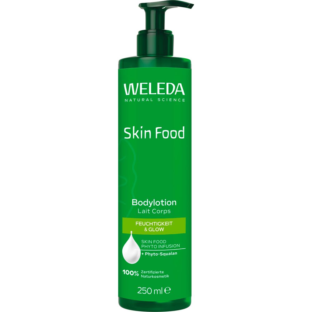 Grüne Flasche mit Pumpe. Weleda Skin Food Bodylotion. Text: Skin Food, Bodylotion, Feuchtigkeit & Glow. 250 ml.
