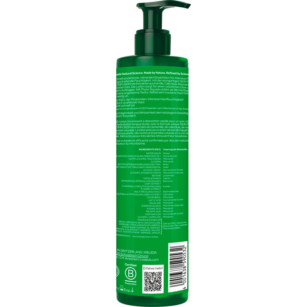 Rückseite der grünen Flasche. Text: Weleda, Skin Food Bodylotion. Inhaltsstoffe, Zertifizierungen, QR-Code, Barcode.