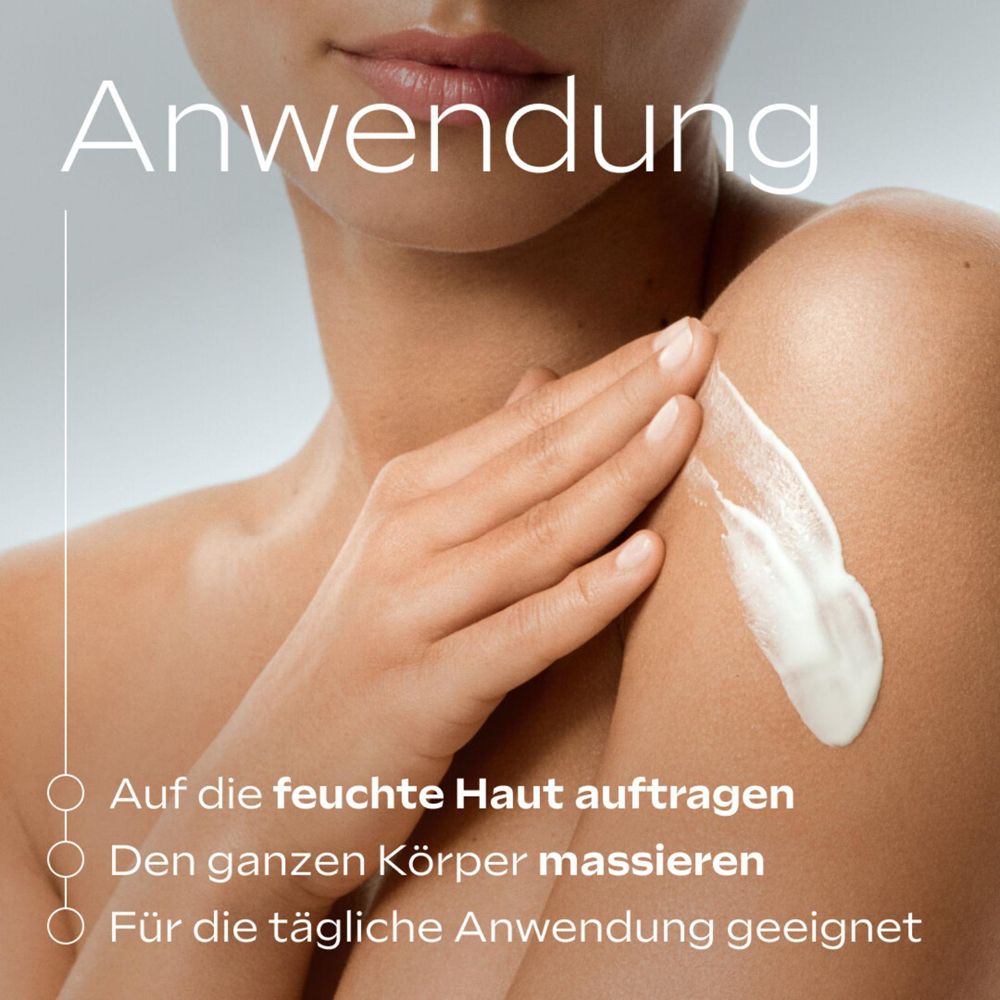 Anwendung der Bodylotion auf der Haut. Text: Anwendung. Auf feuchte Haut auftragen, massieren, täglich anwenden.