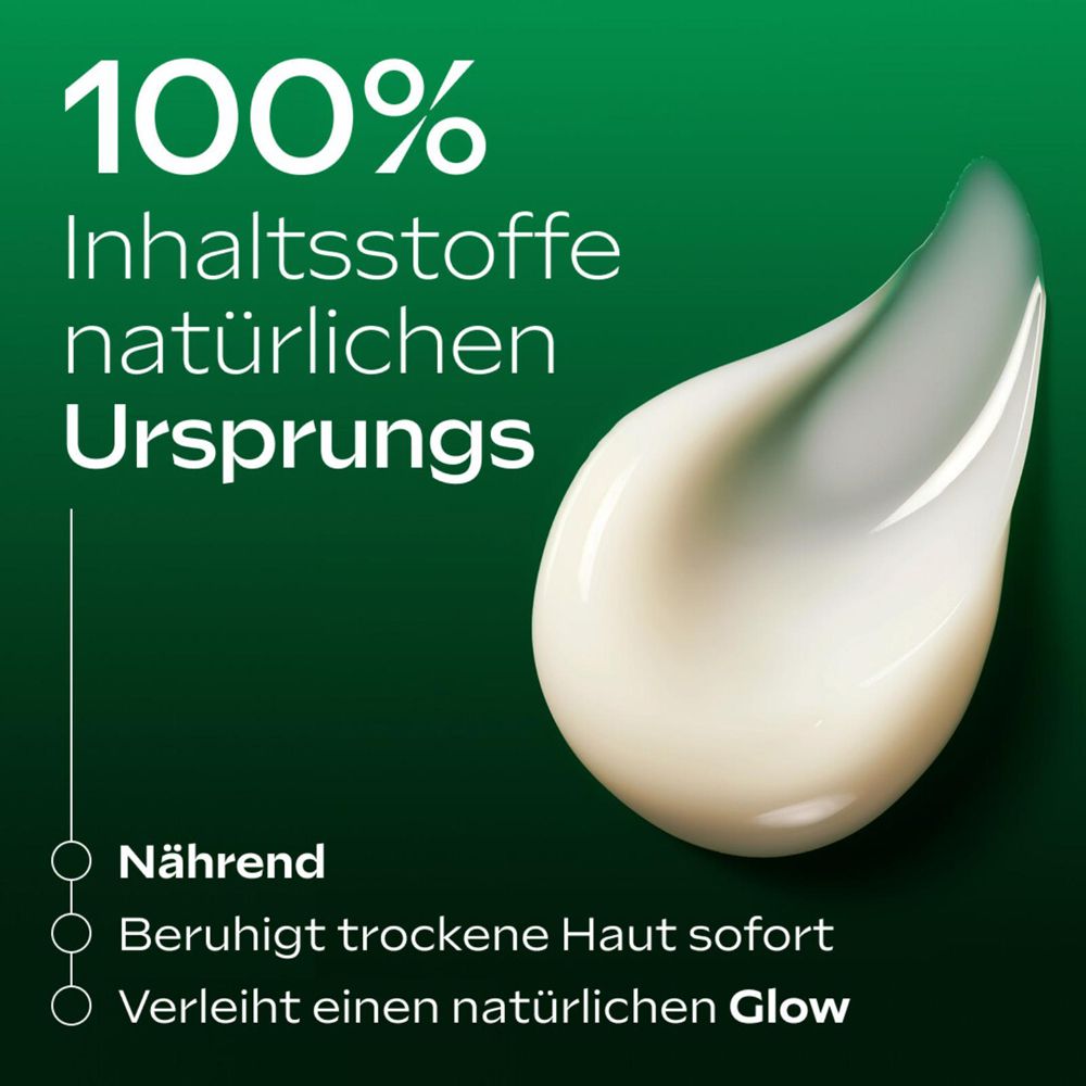 Nahaufnahme der Bodylotion. Text: 100% Inhaltsstoffe natürlichen Ursprungs. Nährend, beruhigt, Glow.