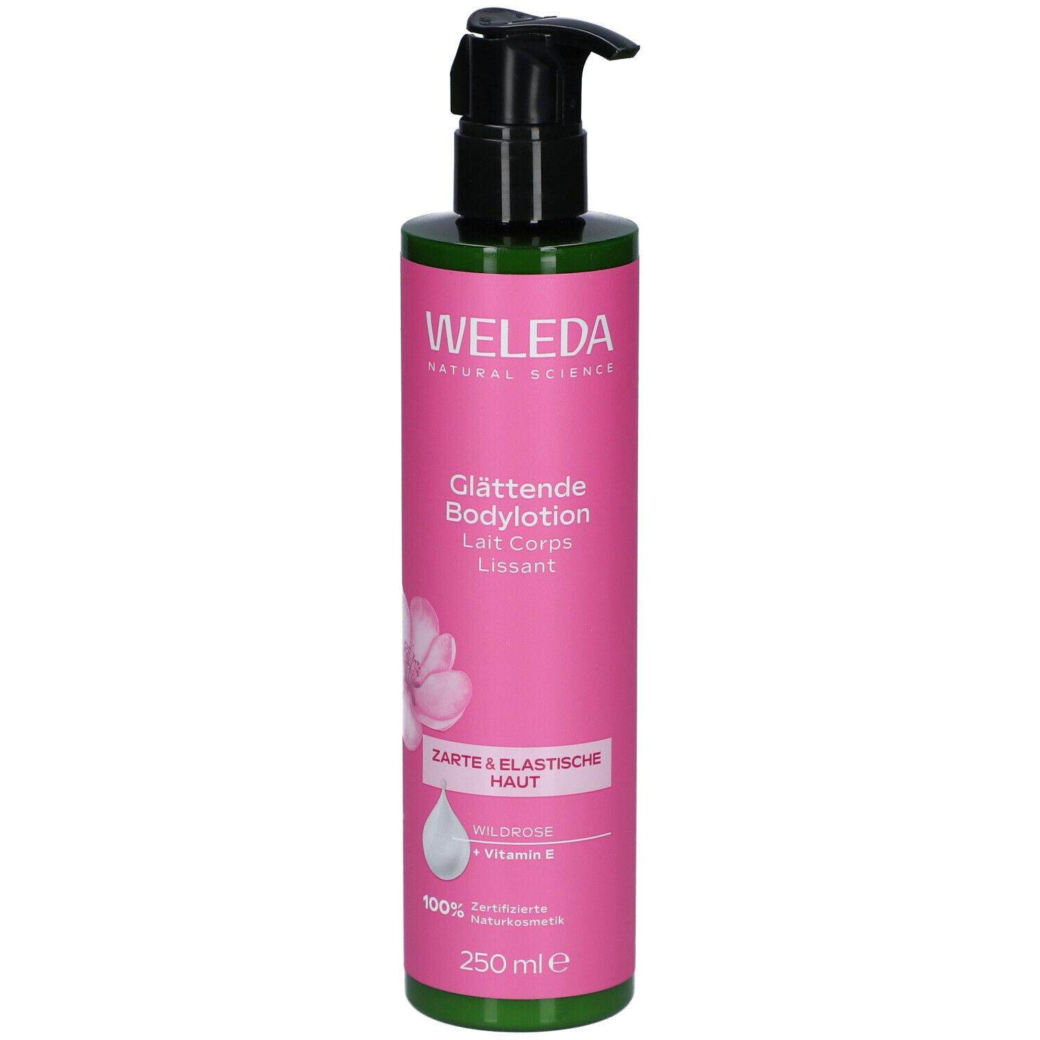 Rosa Flasche mit schwarzem Pumpkopf. Aufschrift: WELEDA, Glättende Bodylotion, Zarte & elastische Haut. 250 ml.